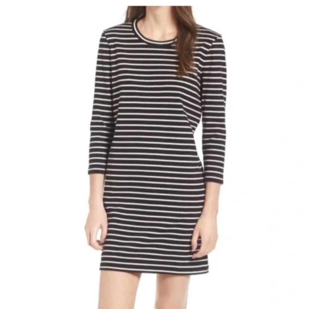 Madewell 100% Cotton Black & White Striped 3/4 Sleeve Mini Dress Size Small